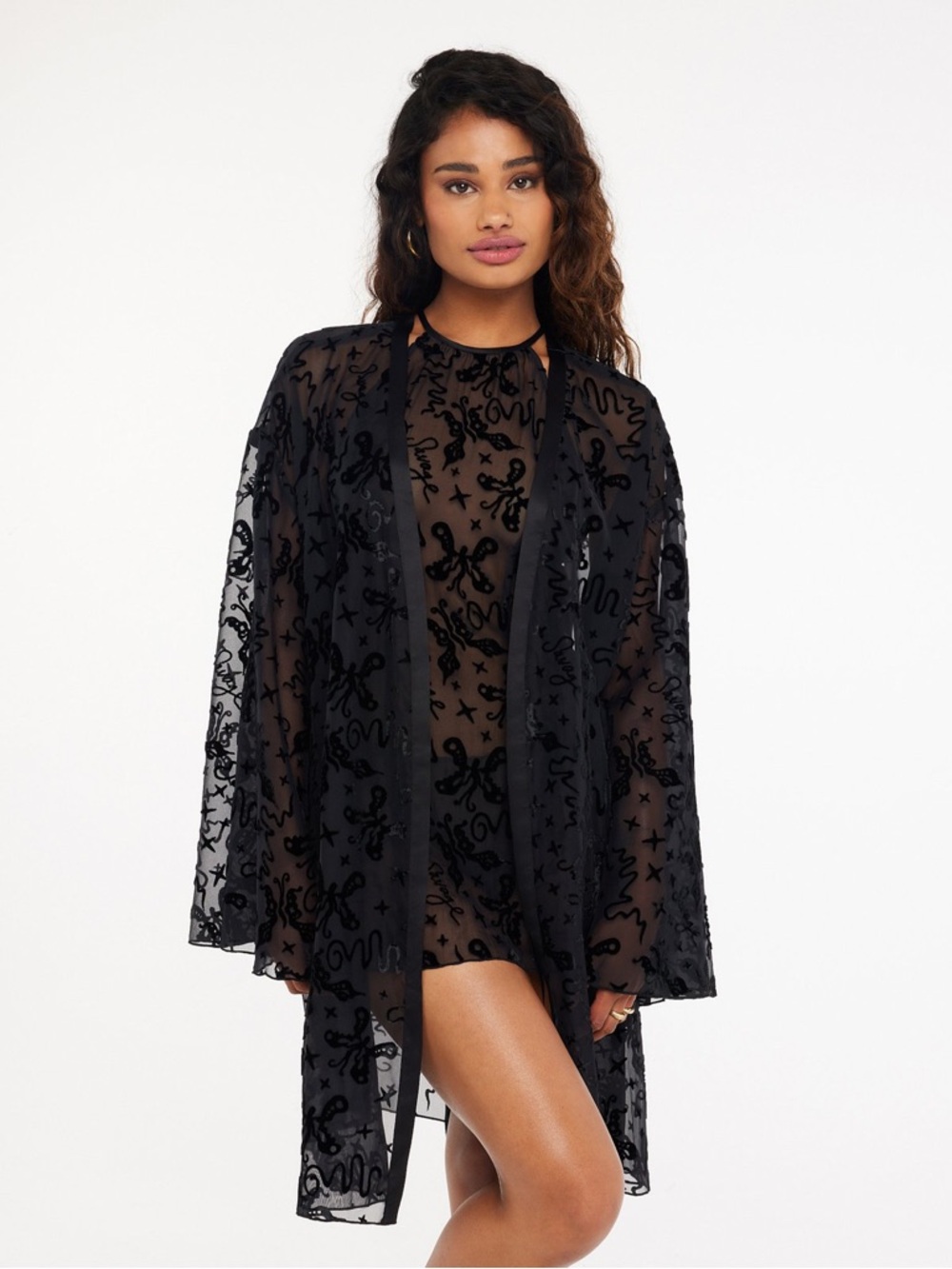 Savage X Fenty Devoré Dreams Sheer Velvet Short Robe in Black  (BELT MISSING)
